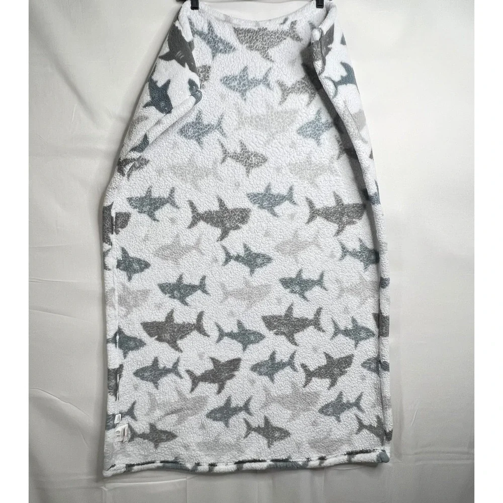 THRO Shark Baby Blanket 28x40 Loft Fleece Nursery Decor Gray White Monochrome